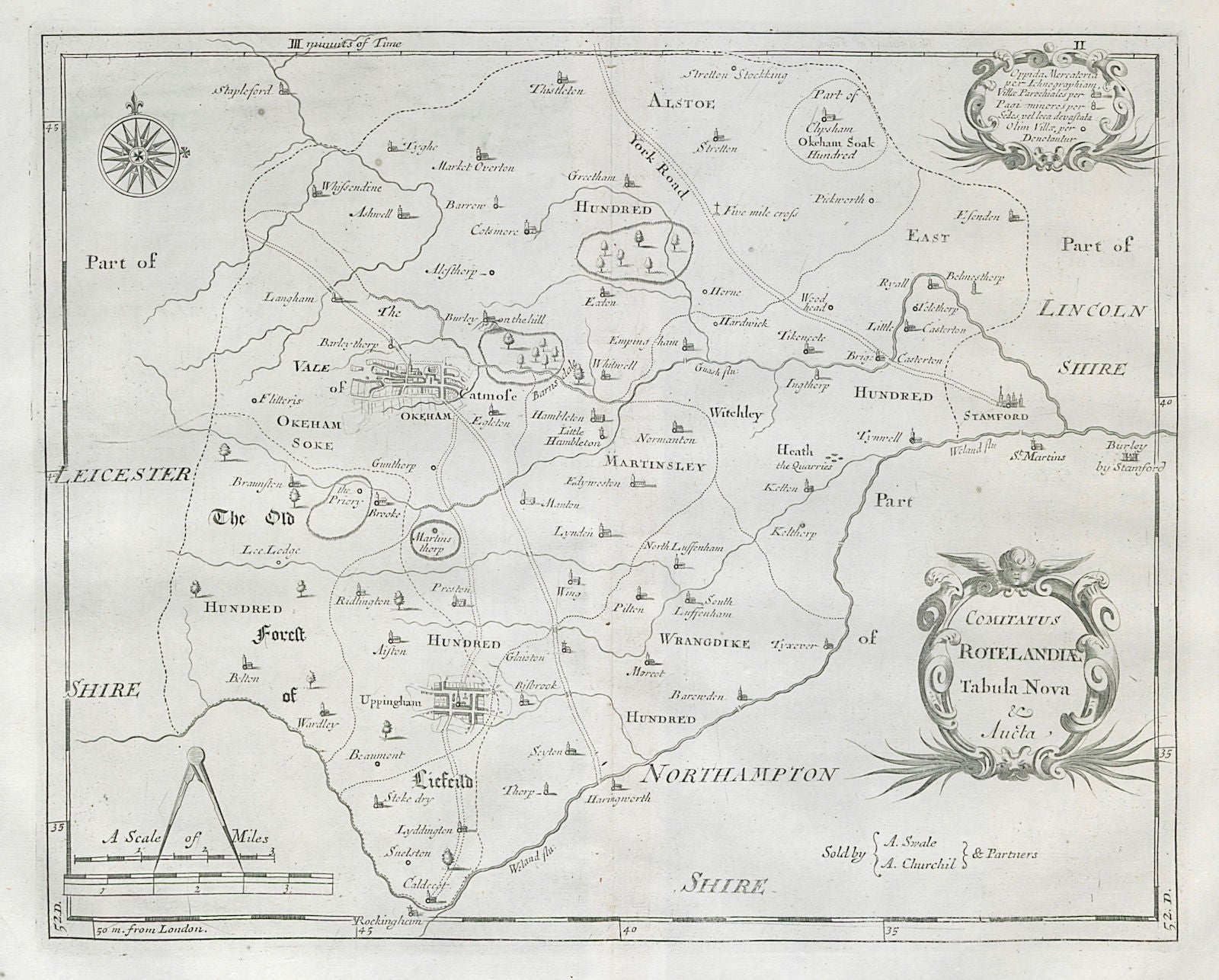 Rutland. 'COMITATUS ROTELANDIAE' by ROBERT MORDEN. Uppingham & Oakham 1722 map